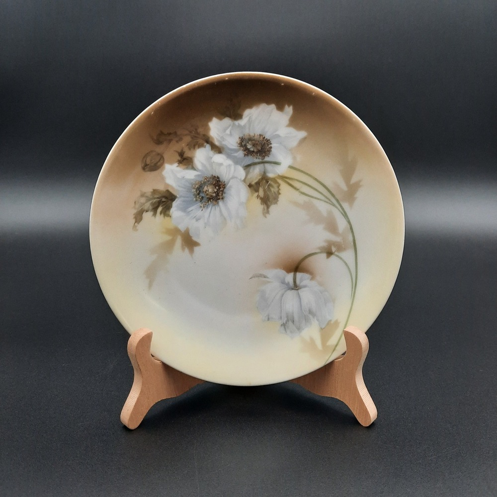 Hand Painted German‎ Floral Plate – White Anemone Design – Antique Porcelain